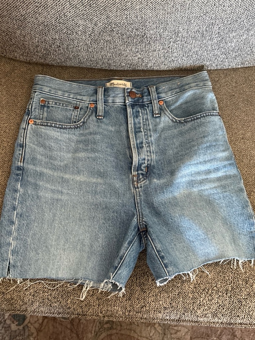 Madewell Light Wash Denim Cutoff Shorts - Light Blue, high rise long style